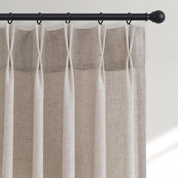 Hokibero Oatmeal Pinch Pleated Linen Curtains 84 Inch Long for Living Room | Light Filtering Sheer Curtain,Pinch Pleat Back Tab Hooks Rings,Farmhouse Textured Privacy Drapes for Bedroom Window,2 Panels by Hokibero