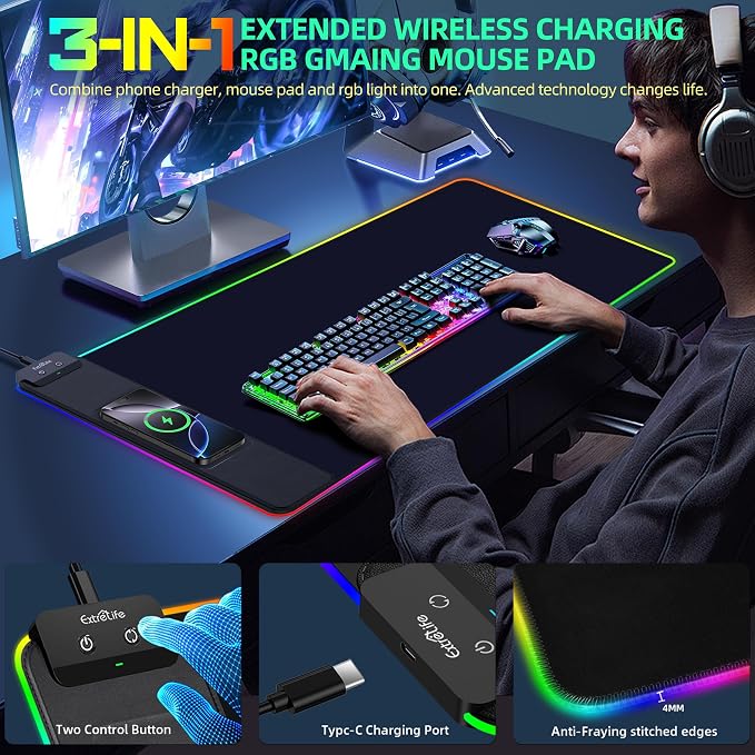 RGB Gaming Mouse Pad with Wireless Charging, Large Desk Mat, 31.5"x11.8" | XXL LED Mousepad, Ultra-Smooth Surface, Non-Slip Rubber Base, Waterproof Computer Keyboard Pad for Gamer, Black - Image 2