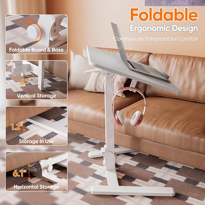 Monomi 25“ Mobile Folding Desk,Pneumatic Sit-Stand Table,No Assembly,White | Height Adjustable Rolling Laptop Desk,Space-Saving Portable Small Desk with Wheels,Ideal for Home Office,Craft & Study - Image 5