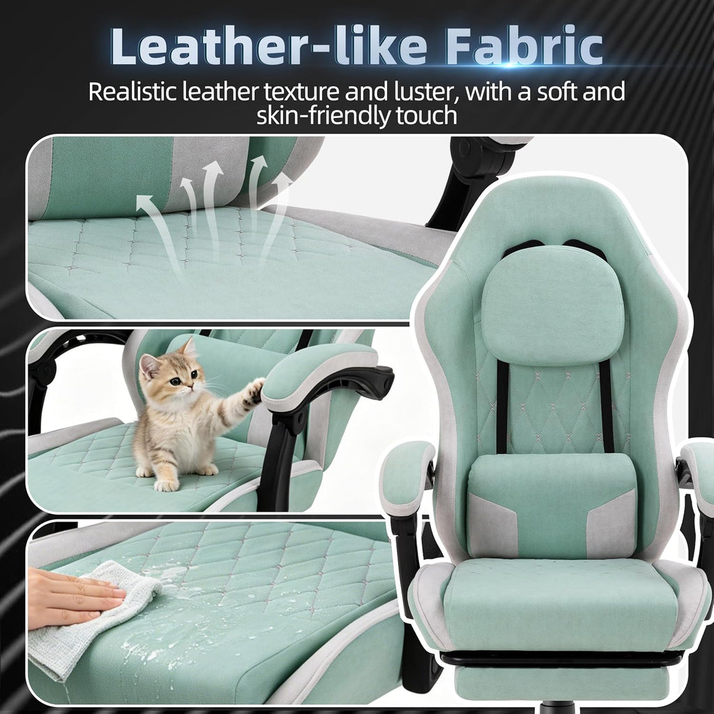 Gaming Chair for Adults, Fabric Gaming Chair with Footrest and Pocket Spring Cushion, Ergonomic Gamer Chair with Lumbar Support, Reclining Computer Gaming Chair with High Back, Light Green - Image 5