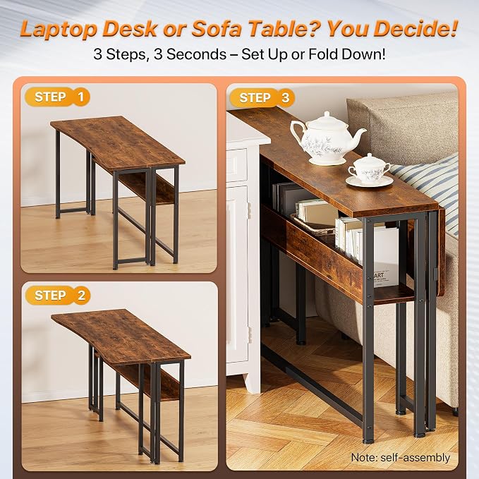 Huuger Folding Desk with Storage Shelf, 47.2 Inch Foldable Computer Table | Writing Work Office Computer Desk for Small Spaces, Space Saving Sofa Table for Couch, Easy to Fold, Rustic Brown - Image 4