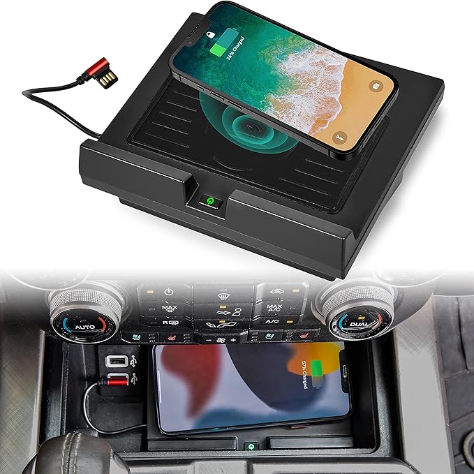 Wireless Chargering Pad for Ford F150 2018-2023 Accessories | Silicone Anti-skid Pad, Button, Indicator Light, Center Console Wireless Charger, Phones Charging Panel for F-150 18-23 by POKIAUTO