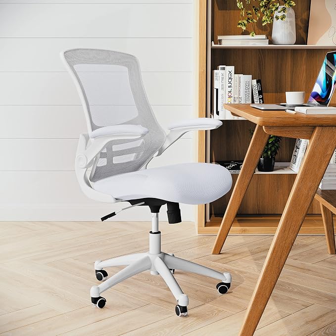 Flash Furniture Mid-Back White Mesh Swivel Ergonomic Task Office Chair with White Frame and Flip-Up Arms | White Frame, Mid-Back, Flip-Up Arms, Mesh Back - Image 7