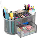 EasyPAG Mesh Pen Holder Desk Organizer with Drawer Stationery Supplies Organizer for Dorm School 9 Compartments Workspace Desk Accessories Organization for Office, Silver by EasyPAG