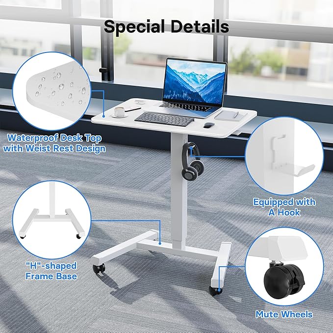 BONTEC Mobile Standing Desk Adjustable Height,Rolling Laptop Cart with Hook | Portable Workstation with Pneumatic Lift, Ergonomic Table with Wheels, Compact Home Office Desk, White 25.6" x 17.7" - Image 5