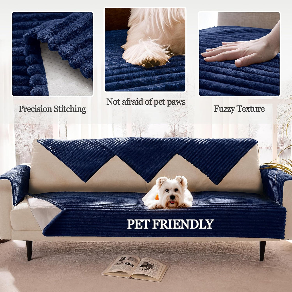 Dual Non-Slip Couch Cover for Dogs Waterproof, Fuzzy Soft Pet Couch Covers for Sofa 3 Cushion, Pet Friendly Soft Dog Bed Covers Sofa Cover Washable (Navy Blue, 33" x 75" 1 Pack) - Image 4