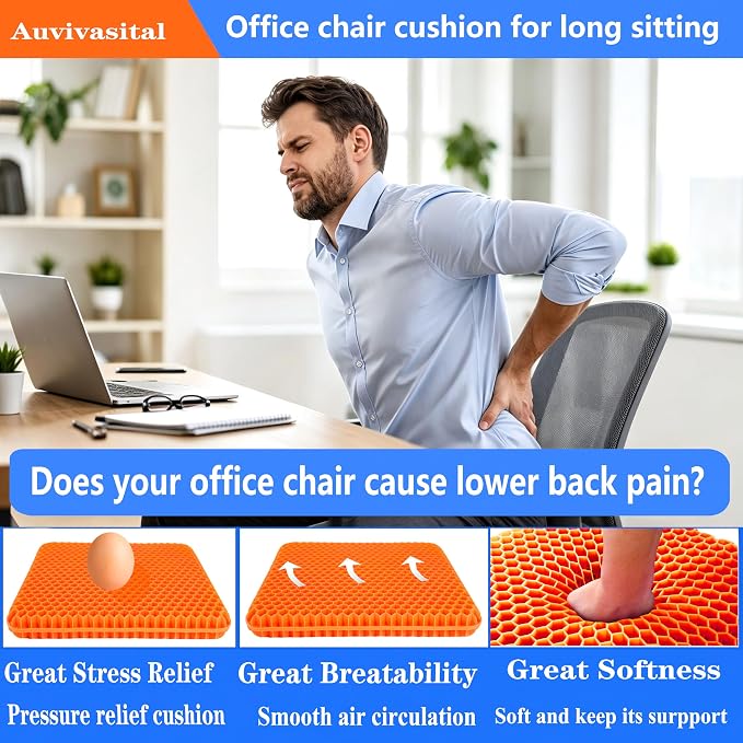 Plus Size Gel Seat Cushion for Long Sitting, Extra Large Cooling Supportive Seat Cushion for Back, Sciatica, Muscle, Tailbone Pain Relief, Use for The Office, Wheelchair, Car, Recliner, Kayak.(Orange) - Image 7