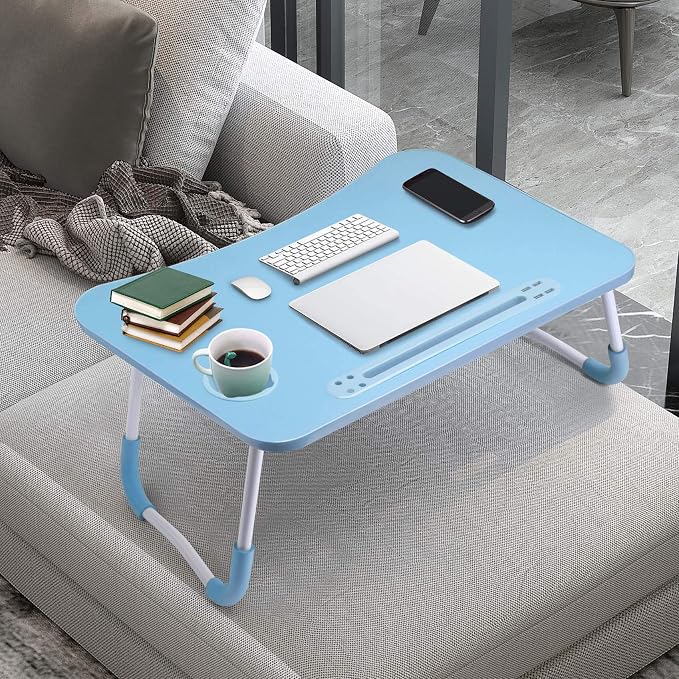 Slendor Foldable Lap Desk with Cup Holder for Bed, Couch, Floor | Portable,with USB Light, Fan, Pen Holder,Tablet Holder,for Laptop,Writing,Eating,Blue - Image 7