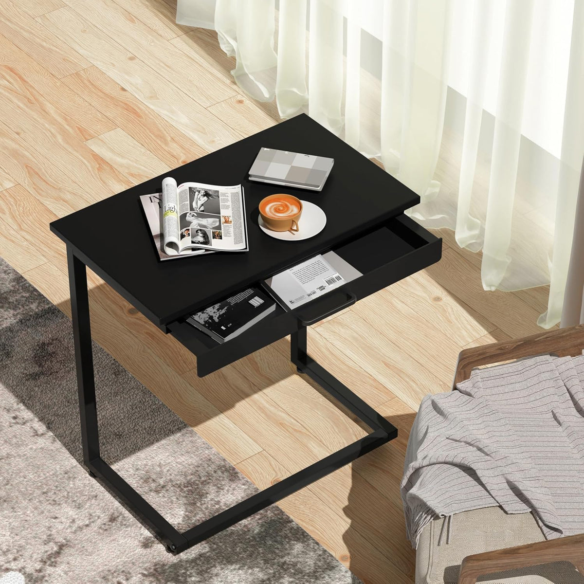 C Shaped End Table,Small Couch Side Table with Drawer,for Living Room, Bedroom Magazines, Computers, Coffee, Small Objects Storage.Black - Image 6
