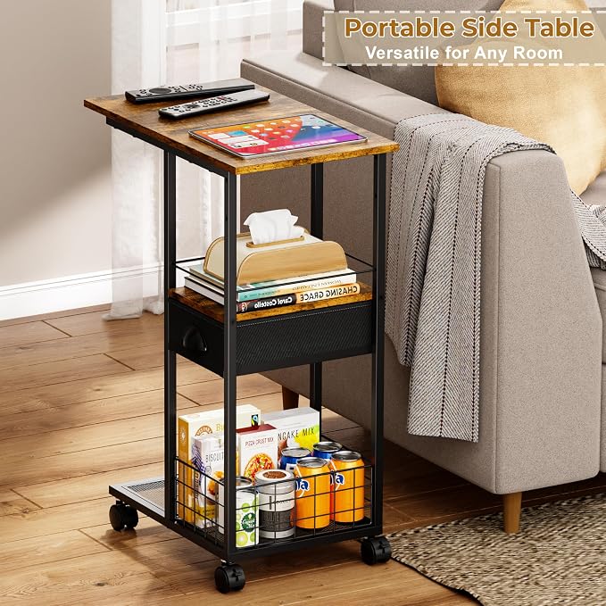 C Shaped Sofa Side Table with Wheels, Rolling Small Coffee Table with Drawer, Portable TV Tray Table for Couch, Bedside Table with Storage, Narrow Nightstand for Bedroom, End Tables Living Room - Image 2