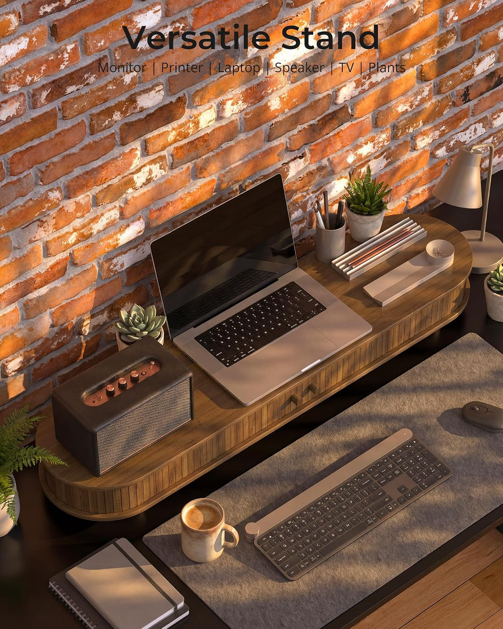 Bamboo Dual Computer Monitor Stand Riser,Curved Wood Desk Shelf - Image 5