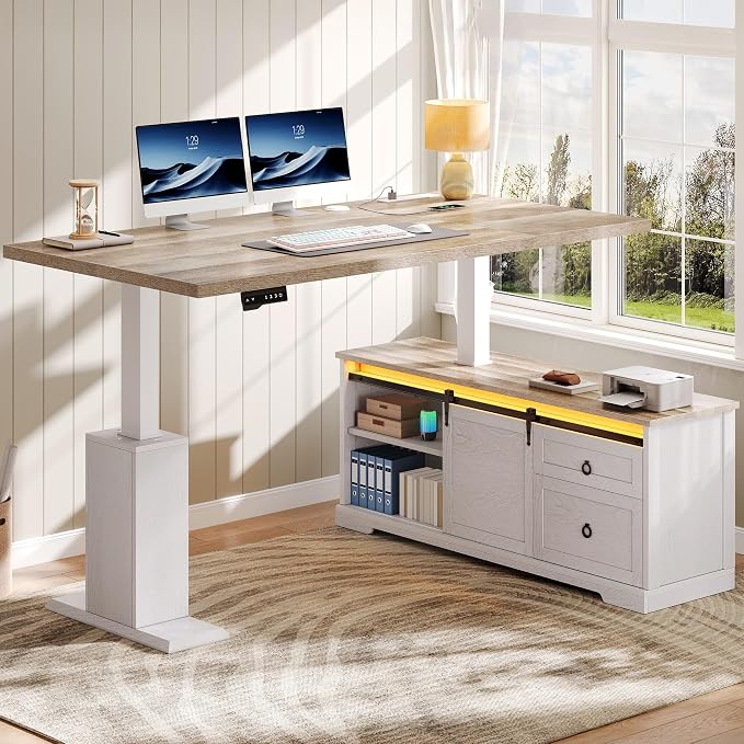 YITAHOME L Shaped Standing Desk with Power Outlets & LED Lights | 63" Farmhouse Electric Standing Desk Adjustable Height Sit Stand Corner Stand Desks with Drawers & Sliding Door, Grey Wash - Image 4