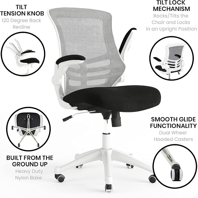 Flash Furniture Kelista Office Chair, Ergonomic, Mid-Back, White Frame, Black Mesh with Swivel | White Frame, Mid-Back, Flip-Up Arms, Mesh Back - Image 5