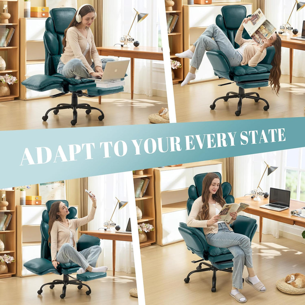 Flip Armrests Criss Cross Office Chair, Reclining Office Chair with Foot Rest, Adjustable Headrest, Massage Waist Pillow, Cross Legged Big and Tall Desk Chair Wide Seat Vanity Chair, Green PU Leather - Image 8