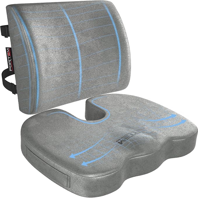 FORTEM Seat Cushion & Lumbar Support for Office Chair, Wheelchair, Car | Memory Foam | Ergonomic Design | Washable Cover | Non Slip | Grey by FORTEM