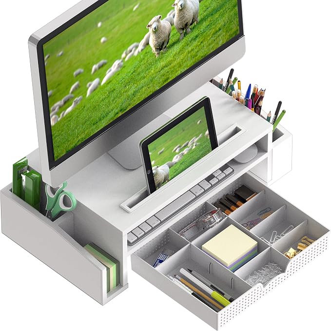 Simple Houseware Desk Monitor Stand Riser w/ Adjustable Tray, White | Built-In Tablet Slot and Side Storage - Image 2