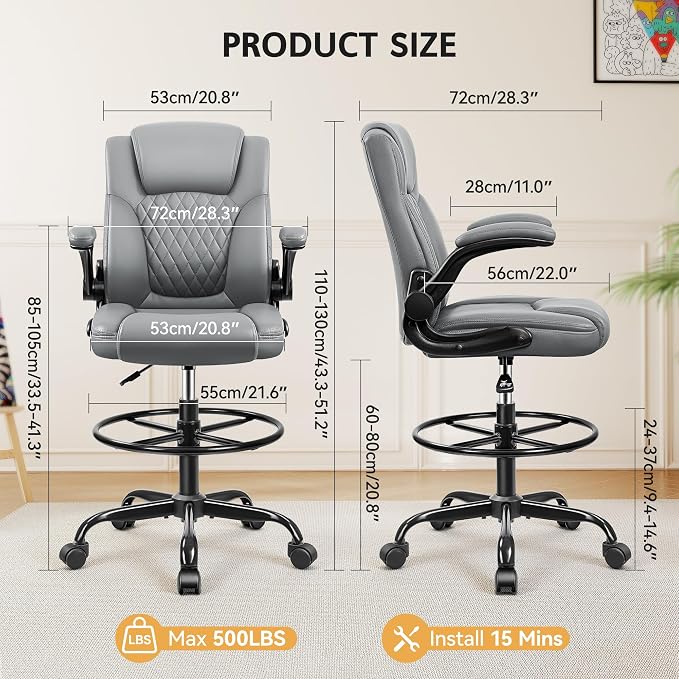 Drafting Chair, Tall Office Chair for Standing Desk, High Executive Leather Ergonomic Computer Chair with Adjustable Height and Flip-Up Armrest for Counter Height Desk, Grey, Pack of 1 - Image 3