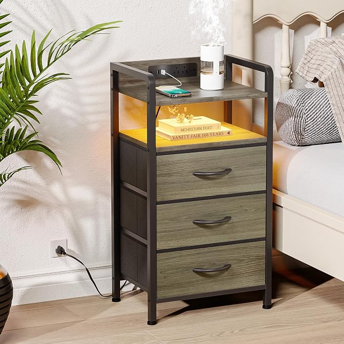 Lazzanto Nightstand with Rear Charging Station, LED Light, 3 Drawers, Grey | Industrial Nightstand, 2 USB-A Ports & AC Outlets, Raised Back Guard, Fabric Storage Drawers, Bedside Table for Bedroom, Dorm - Image 2