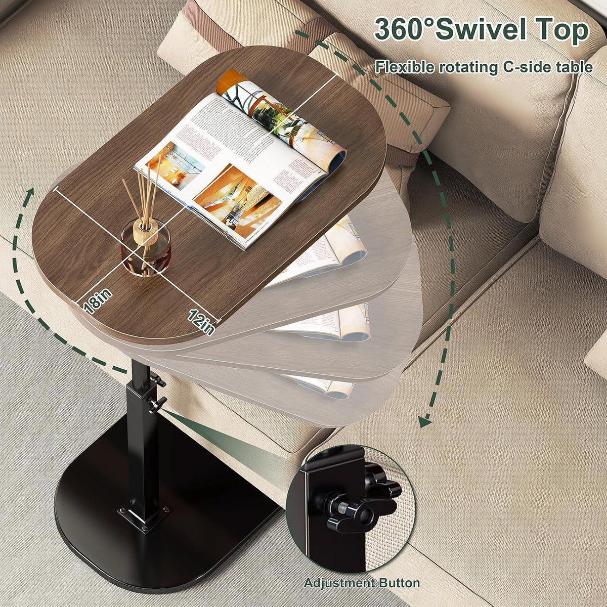 C Shaped Side Table, Adjustable Height C Shaped End Table, 360°Swivel Couch Side Tables that Slide Under, Modern Small Coffee C Table End Table for Sofa/Bed/Bathtub, Rotating Tabletop (Walnut) - Image 3