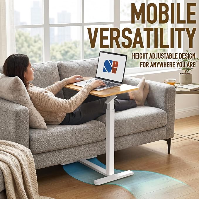 SHW Height Adjustable Mobile Laptop Desk w/Pneumatic Lift, Oak | Height Adjustable from 26" to 41.7" | Compact C-Shaped Side Table for Home Office and Bedside - Image 5