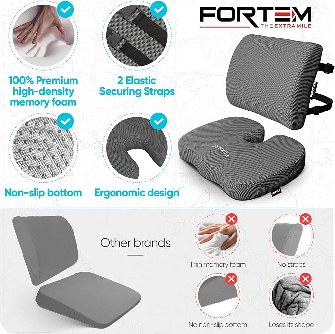 FORTEM Seat Cushion & Lumbar Support for Office Chair, Wheelchair, Car | Memory Foam | Ergonomic Design | Washable Cover | Non Slip | Dark Grey - Image 7