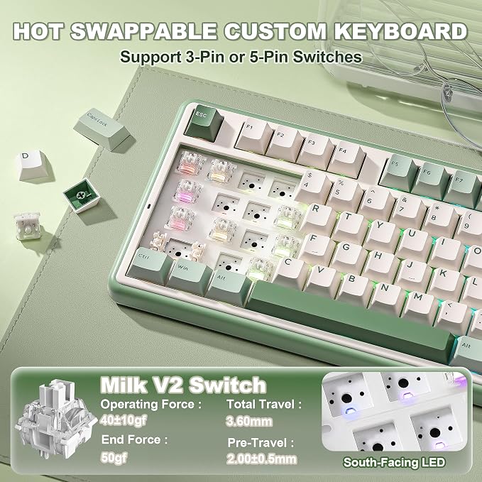 YUNZII B98 PRO 96% Wireless Mechanical Keyboard (Matcha Green, Milk Switch) | QMK/VIA, with Numpad, Dual-Style Knob Design, Creamy Pre-Lubed Switches, Hot Swap, Gasket Mount, RGB for Gaming/Win/Mac - Image 6