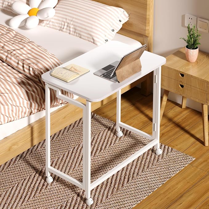 4NM 23.6" Mobile Small Rolling Computer Desk, Folding Laptop Cart Table with Wheels, Portable Office Desk for Small Space Couch Bed - All White - Image 2