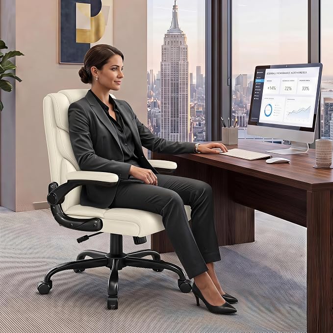 Office Chair, Executive Mid-Back Computer Desk Chair with Flip-up Armrests | 300 Lbs Ergonomic Leather Swivel PC Chair with Rock Function for Working Studying (Creamy White) - Image 9