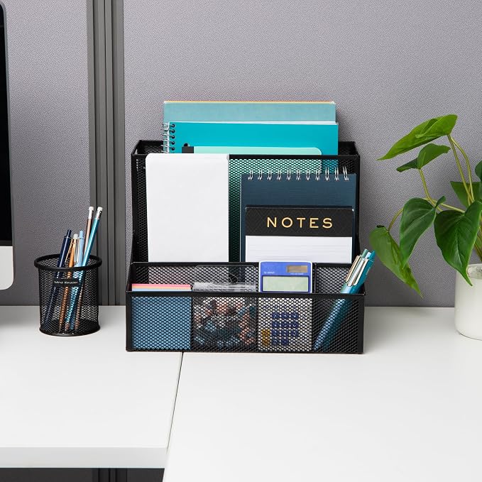Mind Reader Desktop Organizer with Hanging File Storage, 4 Compartment Letter Size File Holder, Metal Mesh Desk Organizer for Office and Home, Black - Image 6