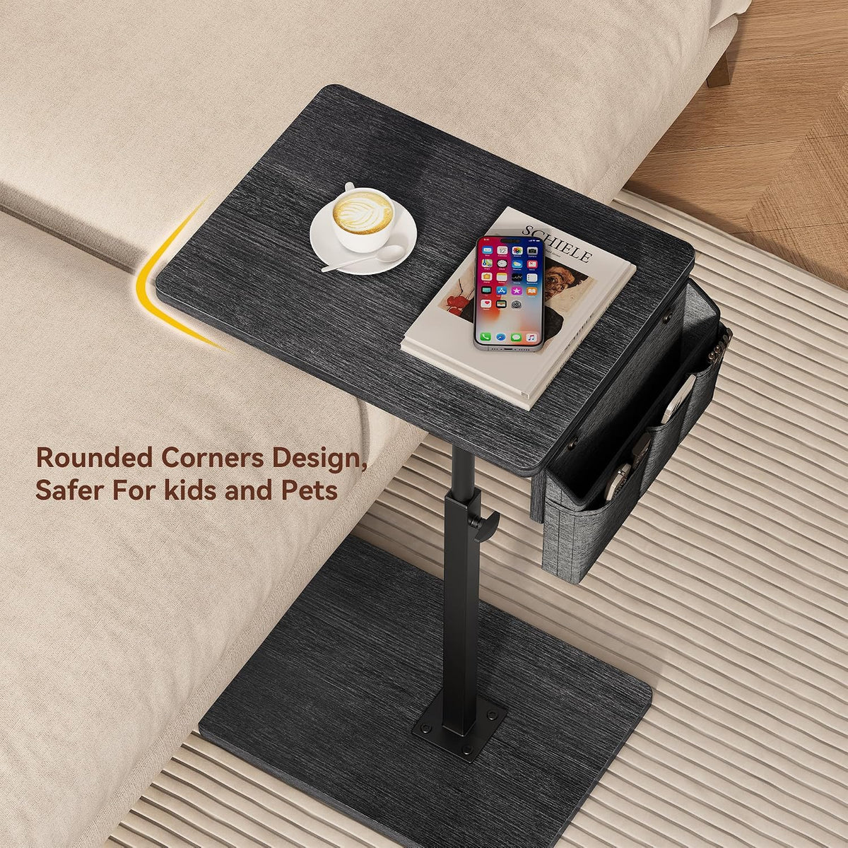 Sofa Armrest Tray Table for Couch, 360° Swivel Height Adjustable TV Tray Table for Small Spaces, Snack Side Table for Couch, Bed, Chair, C Shaped End Side Table for Eating, Reading, Laptop - Image 3