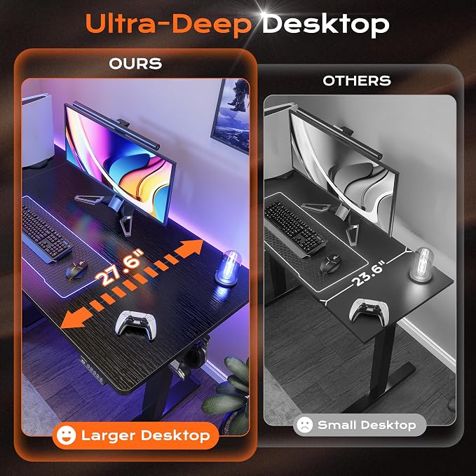 Huuger 55 x 28 Large Electric Standing Desk, Height Adjustable Computer Desk, 27.6" Deep Desktop, Stand up Gaming Office Table with 2 Hooks, 3 Preset Heights, for Home Office, Black, ACD134B - Image 4