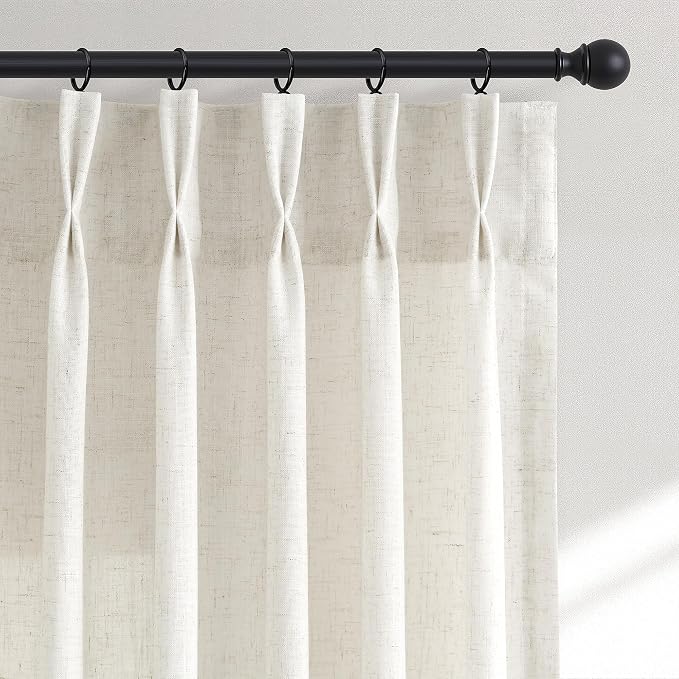 Hokibero Natural Pinch Pleated Linen Curtains 84 Inch Long for Living Room | Ivory Light Filtering Semi Sheer Curtain,Back Tab Hooks Rings,Farmhouse Textured Privacy Drapes for Bedroom Window,2 Panels by Hokibero