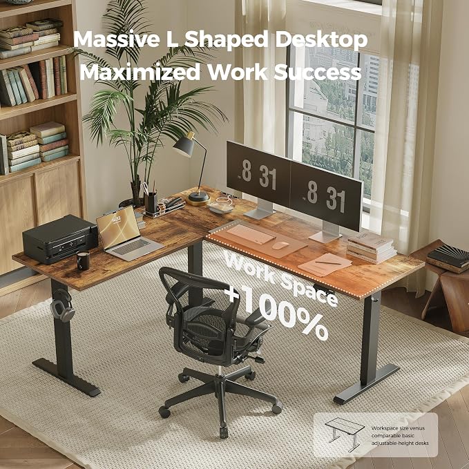 Agilestic L Shaped Standing Desk Adjustable Height, 63 Inch, Rustic Brown | Electric Height Adjustable, Spacious Corner Desktop, Sturdy Steel Frame, Memory Presets, 176 lbs, Splice Board - Image 4