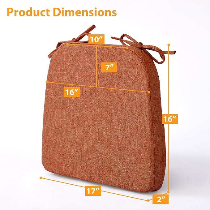 Ruqmuis Chair Cushions for Dining Chairs, 2" Thick Seat Cushions for Kitchen Chairs, D-Shaped Chair Pads with Washable Cover, Ties and Non Slip Backing, 17'' x 16'', Set of 6, Orange - Image 2