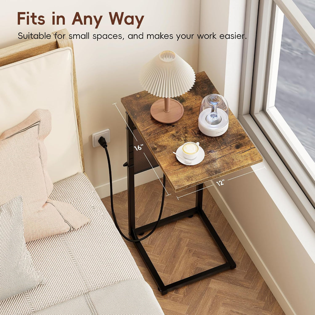 C Shaped End Table with Charging Station, Adjustable Height Side Table for Couch, Small Sofa Table with Storage Bag, Slide Under Sofa TV Tray Snack Arm Tables for Living Room, Bedroom, Brown - Image 5