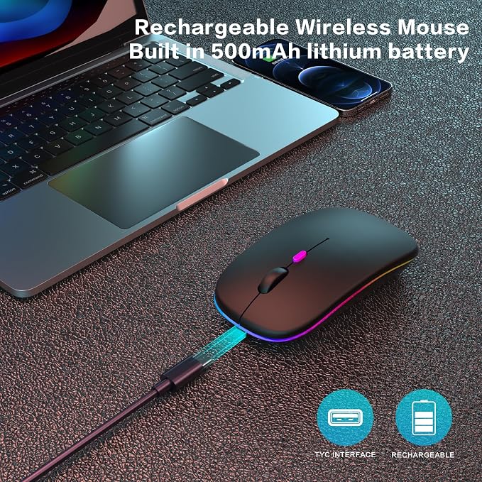 AIKOKOK Wireless Mouse, Bluetooth Mouse Rechargeable Dual Mode, Pearl Black | BT 5.2 & 2.4G USB Receiver, 3 Adjustable DPI,LED Lights,Slim,Silent,Portable Computer Mouse for Laptop,PC,MacBook,iPad,Tablet - Image 3