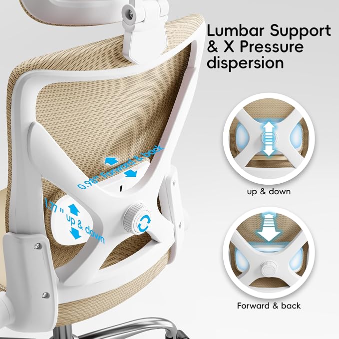 Ergonomic Office Chair:Home Office Desk Chairs with Headrest Lumbar Support | Ergalithic Ergonomic Desk Chair X-Shaped Mesh PU Leather Executive Computer Chair High Back Flip-Up Arms for Long Hour(Khaki) - Image 6