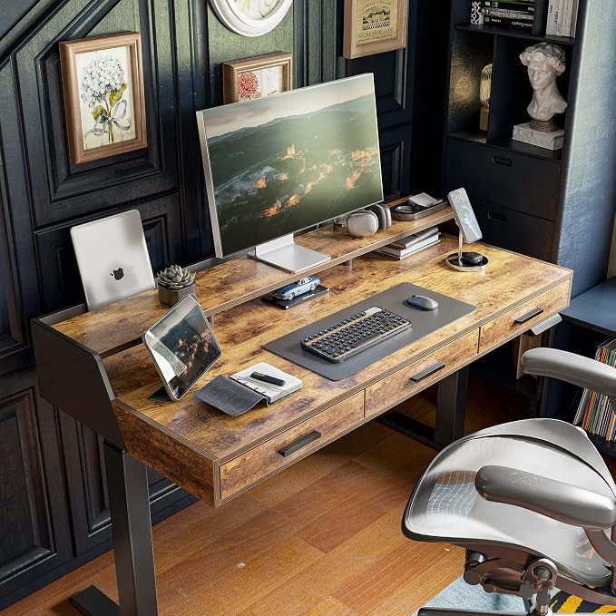 CubiCubi Standing Desk 55x26 Inches with 3 Wood Drawers and Monitor Shelf, Ergonomic Rising Home Office Desks, Height Adjustable Computer Desk, Sit Stand Up Electric Workstation Table, Antique Brown - Image 2