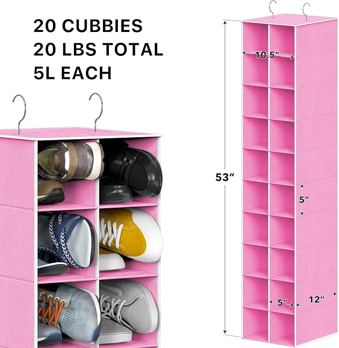 Simple Houseware 20 Section Shelves Hanging Shoes Organizer, Pink | Dual Metal Hooks, 10 Tier, Holds Up to 20 lbs, for Narrow Space - Image 3