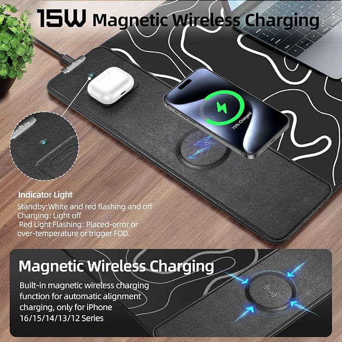 Magnetic Wireless Charging Mouse Pad, 31.5"x15.8" XXL Desk Mat | Gaming Mousepad, Ultra-Smooth Surface, Non-Slip Rubber Base, Waterproof Computer Keyboard Pad, Black and Topographic Line - Image 2