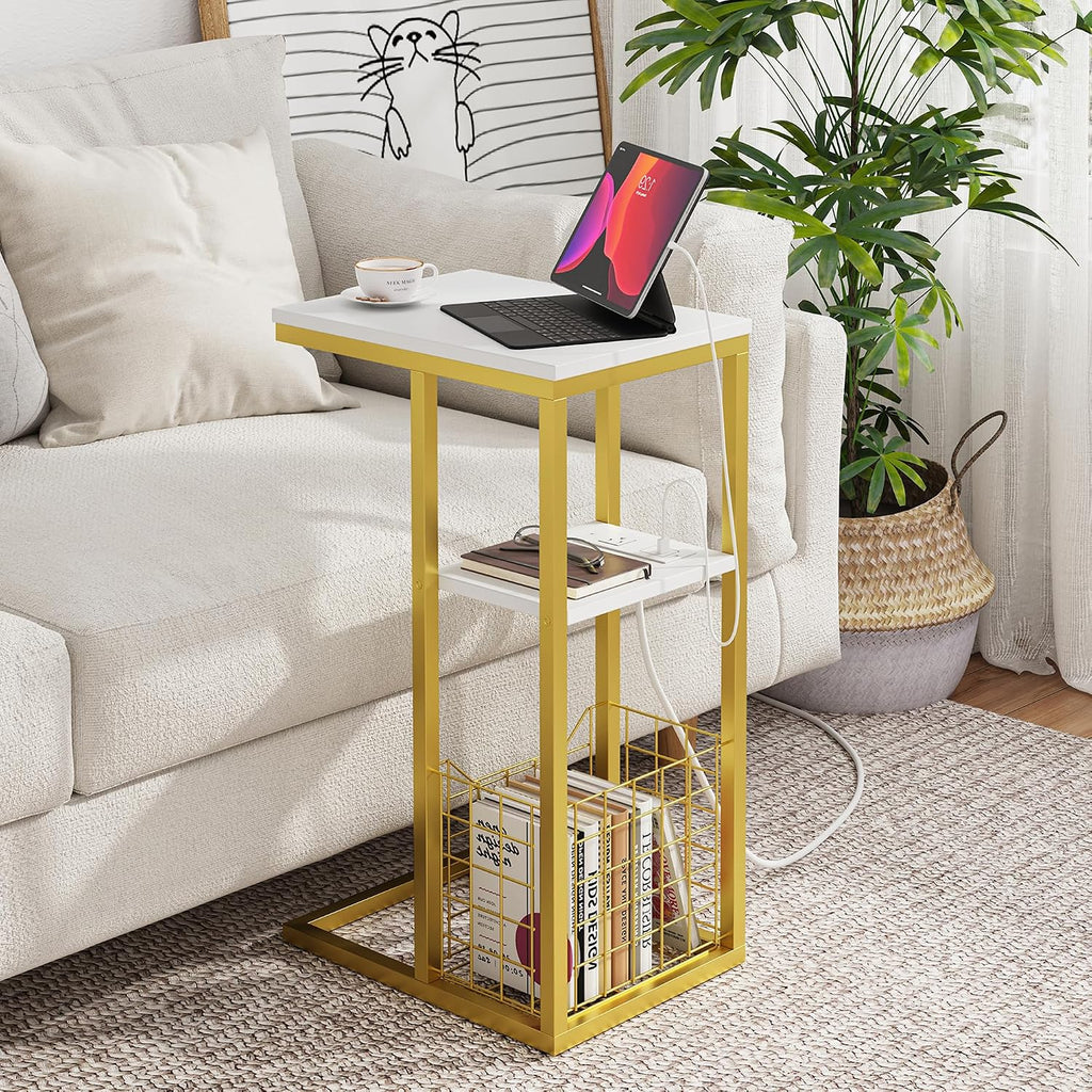 C Shaped End Table with Charging Station, Side Table for Couch, Small Side End Table for Small Spaces, 28" High Slide Under Sofa Table for Coffee, Tv Tray Table for Living Room, Golden - Image 2