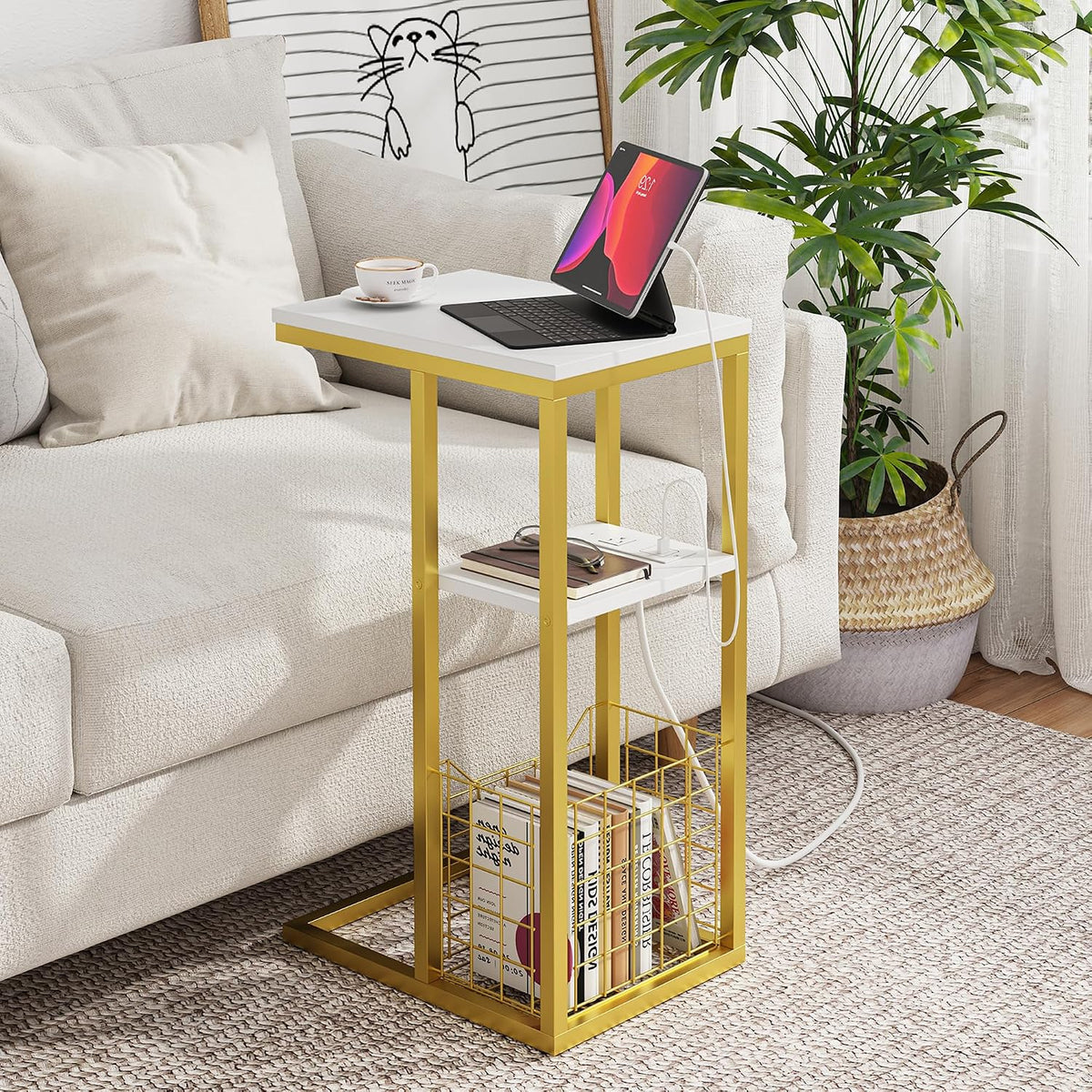 C Shaped End Table with Charging Station, Side Table for Couch, Small Side End Table for Small Spaces, 28" High Slide Under Sofa Table for Coffee, Tv Tray Table for Living Room, Golden - Image 2