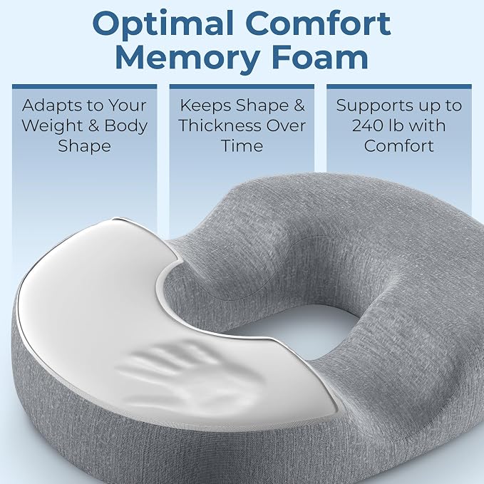 5 STARS UNITED Donut Pillow for Tailbone Pain & Hemorrhoids – Large Memory Foam Seat Cushion for Bed Sore-Prone Areas & Pressure Relief – Prostate, Postpartum & Pregnancy Support, Gray Cotton Cover - Image 5