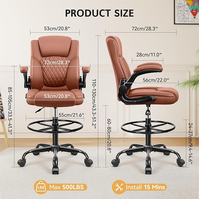 Drafting Chair, Tall Office Chair for Standing Desk, High Executive Leather Ergonomic Computer Chair with Adjustable Height and Flip-Up Armrest for Counter Height Desk, Brown, Pack of 1 - Image 3