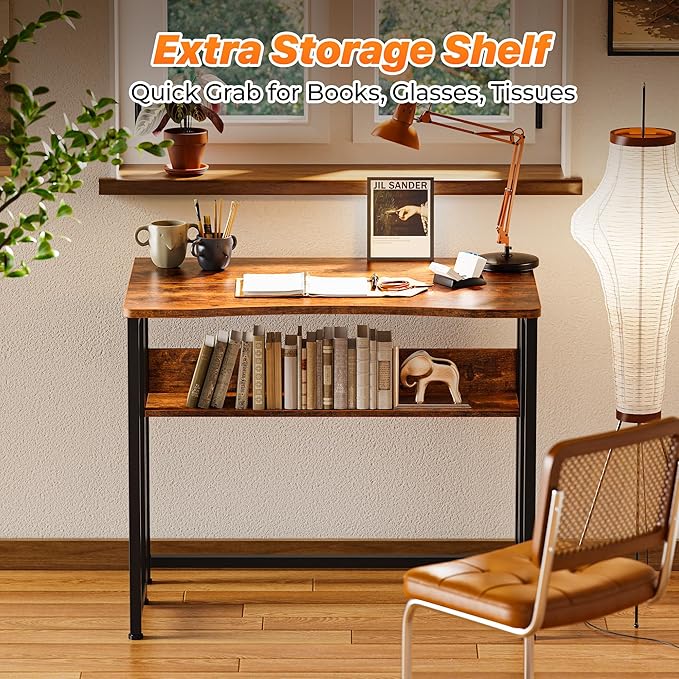 Huuger Folding Desk with Storage Shelf, 31.5 Inch Foldable Computer Table | Writing Work Office Computer Desk for Small Spaces, Space Saving Sofa Table for Couch, Easy to Fold, Rustic Brown - Image 6