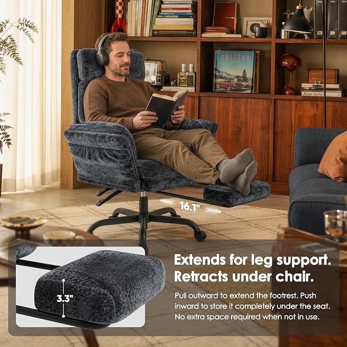 C57 Ergonomic Reclining Office Chair with Footrest, Velvet Desk Chair with 6-Stage Adjustable Wing Armrests for Cross Legged Sitting, Pet Friendly High Back Lounge Gaming Chair for Home Office - Image 4