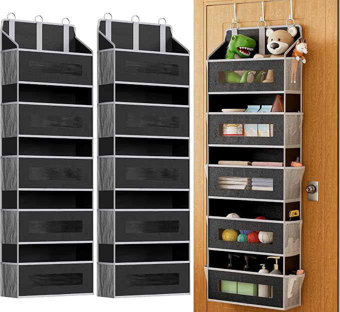 2 Pack 5 Tier Over the Door Organizer Space-Saving Storage for Any Room | Black Hanging Closet Organizer with 10 Mesh Pockets and Clear Windows, Closet Organizers and Storage for Bathroom, Bedroom by Unknown