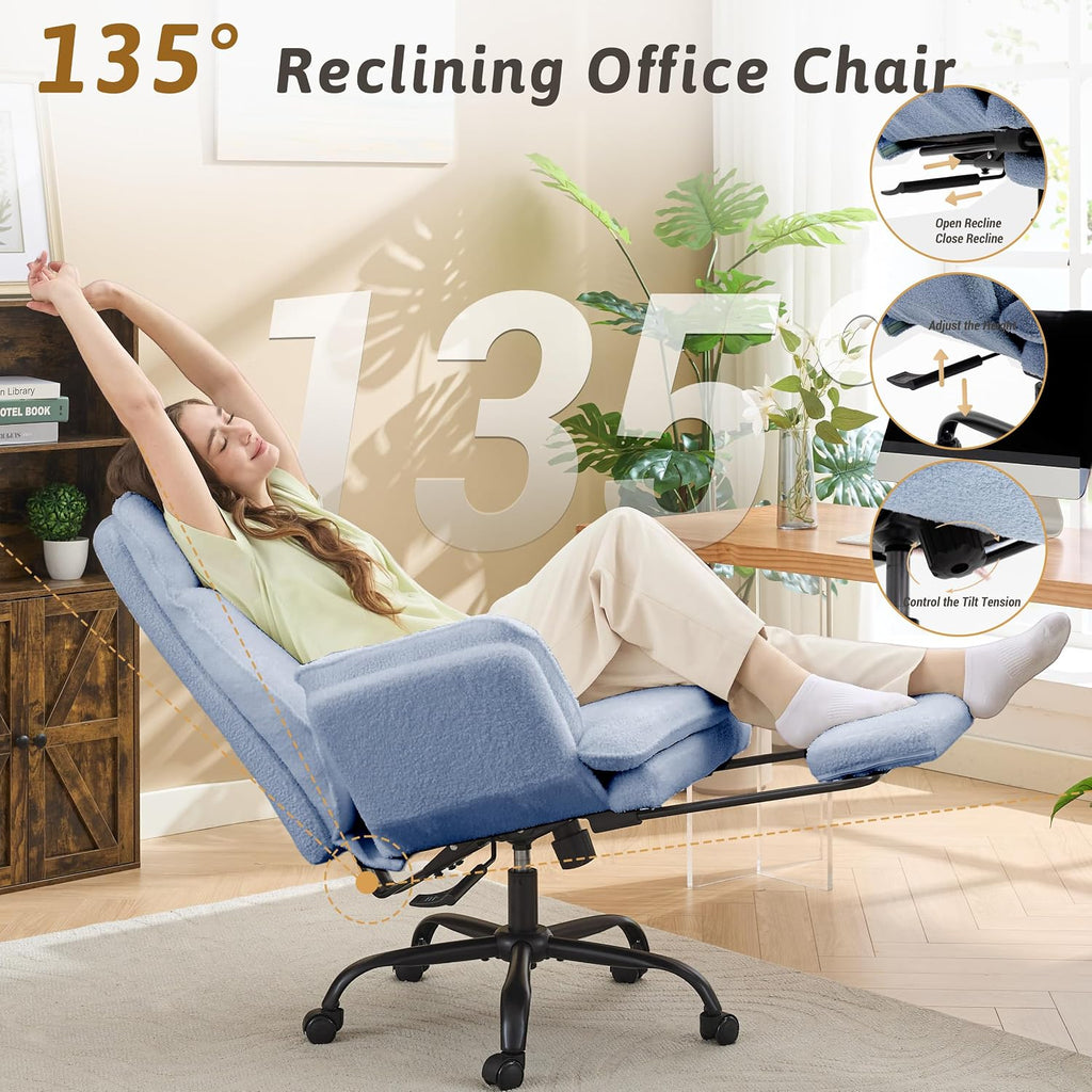 Wider Seat Office Chair with Flip Armrests for Criss Cross Legged&Cats, Big and Tall Executive Ergonomic Reclining Chair with Footrest&Lumbar Pillow, Teddy Fleece Desk Chair,Pink Vanity Chair - Image 5