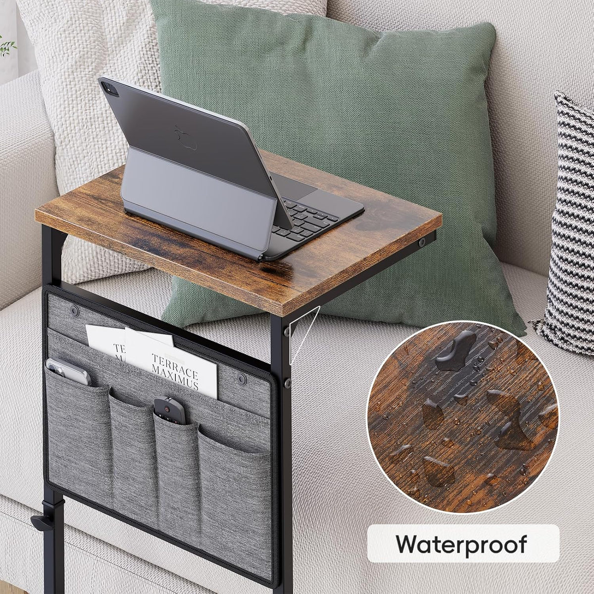 C Shaped End Table, Small Side Table for Couch, Adjustable Height Sofa Table with Metal Frame for Living Room, 33'' Tall Side Table for Couch, Bedroom, Bedside, Rustic Brown and Black - Image 5