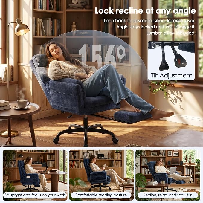 C57 Ergonomic Reclining Office Chair with Footrest, Velvet Desk Chair with 6-Stage Adjustable Wing Armrests for Cross Legged Sitting, Pet Friendly High Back Lounge Gaming Chair for Home Office - Image 5